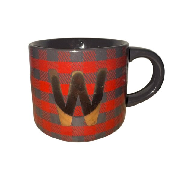 Red Plaid "W" Monogram Mug 14 Oz Stoneware Dishwasher Safe - Picture 1 of 5